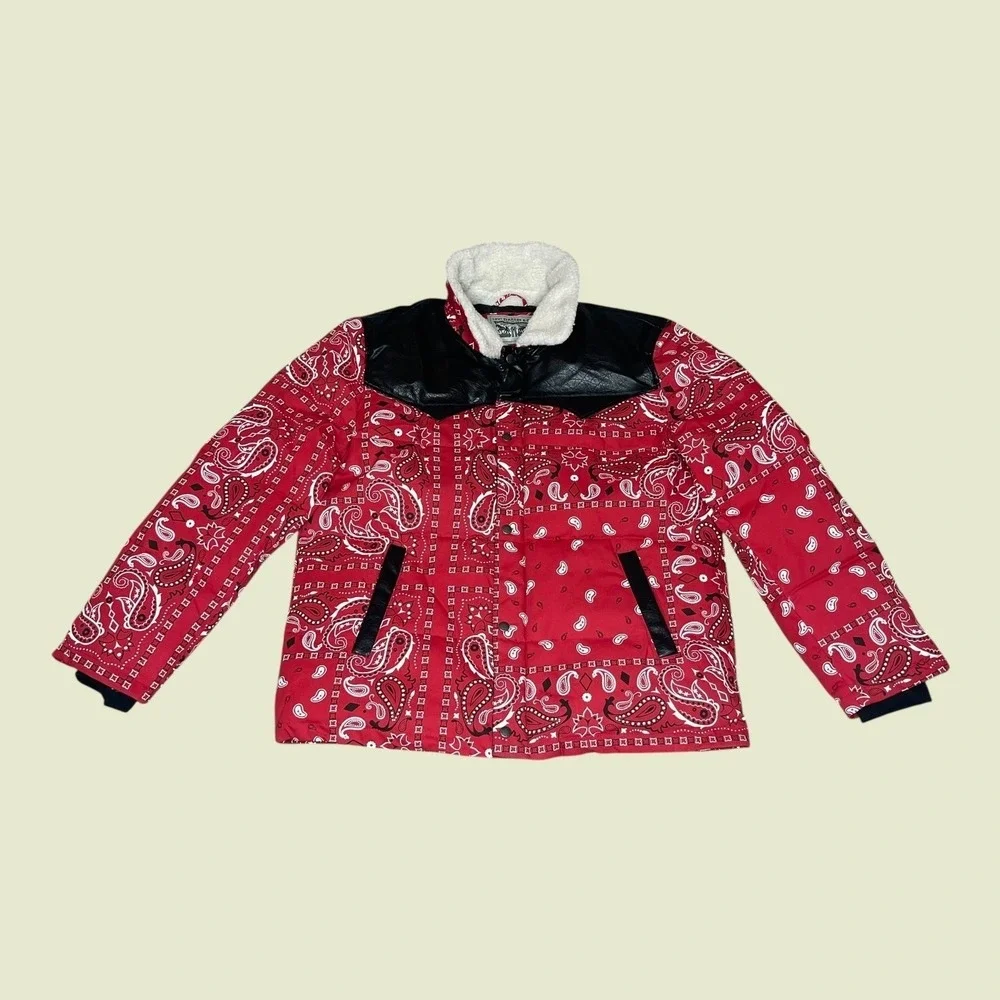NEW Levis Mens Red Paisley‎ Bandana Western Puffer Jacket Sherpa Collar LARGE